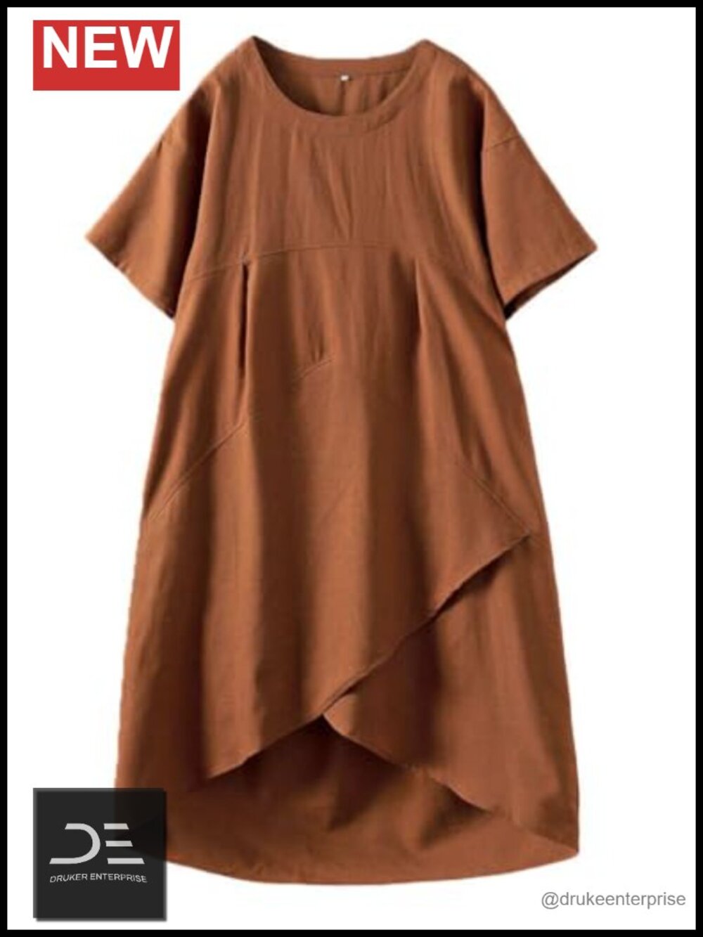 Linen Cotton Casual Midi Dress Short Sleeve Empire Waist Side Pockets